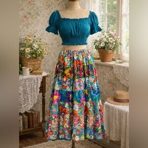 Vintage Homesewn Cotton Floral, Tiered, Patchwork Bohemian, Flowy Maxi Skirt